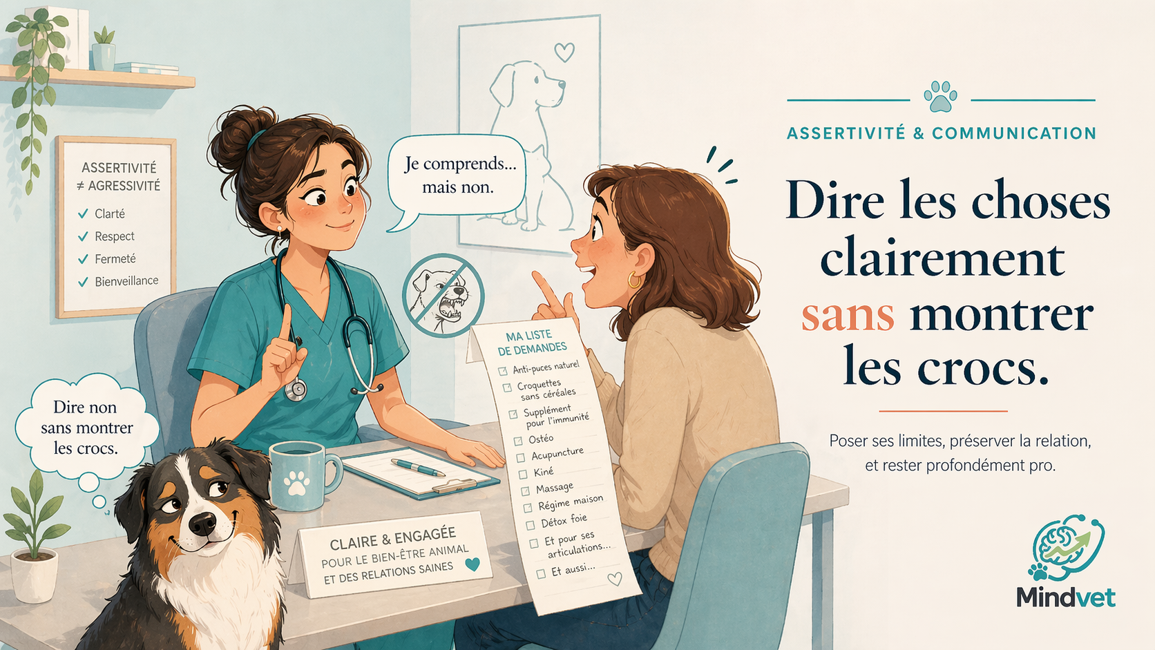 Illustration editoriale sur l'assertivite et la communication en clinique veterinaire