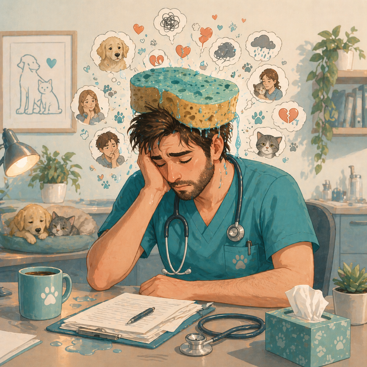 Illustration editoriale sur la fatigue compassionnelle dans l'univers veterinaire