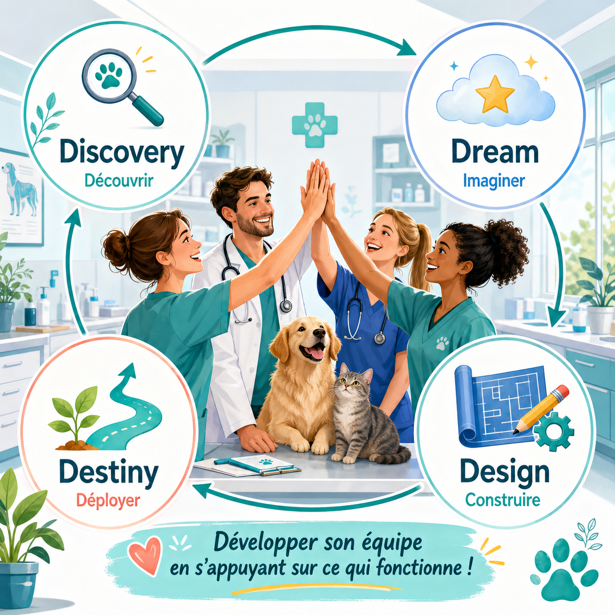 Illustration editoriale sur l'investigation appreciative en clinique veterinaire