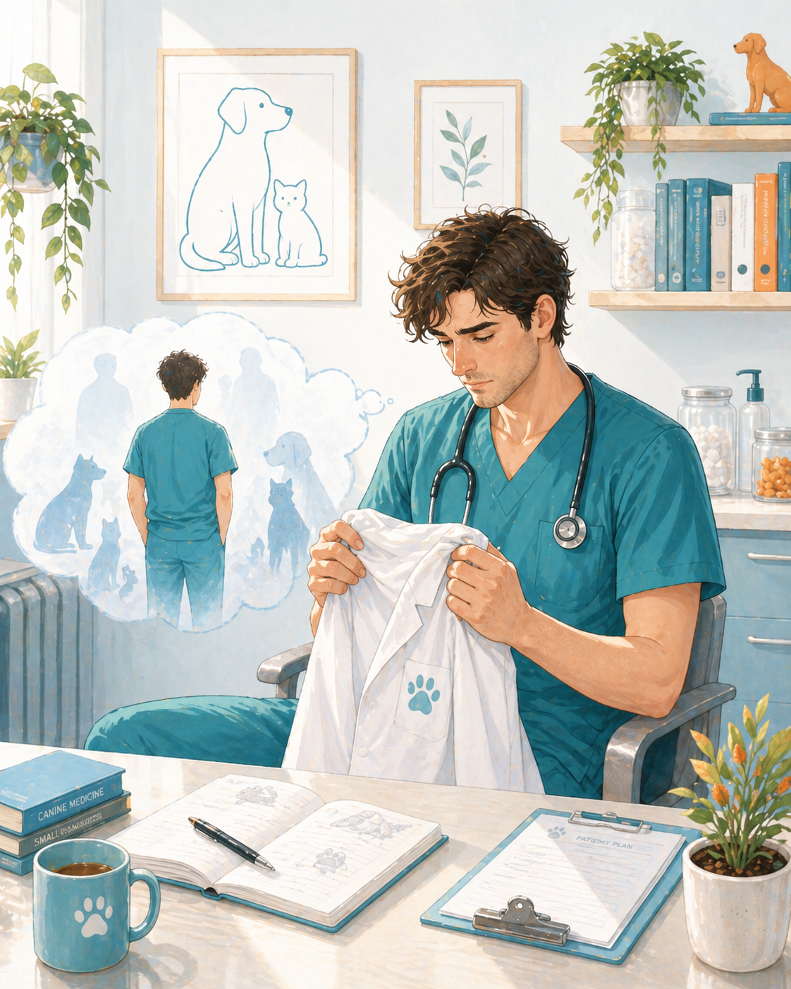 Illustration editoriale sur la legitimite du jeune veterinaire et le syndrome de l imposteur