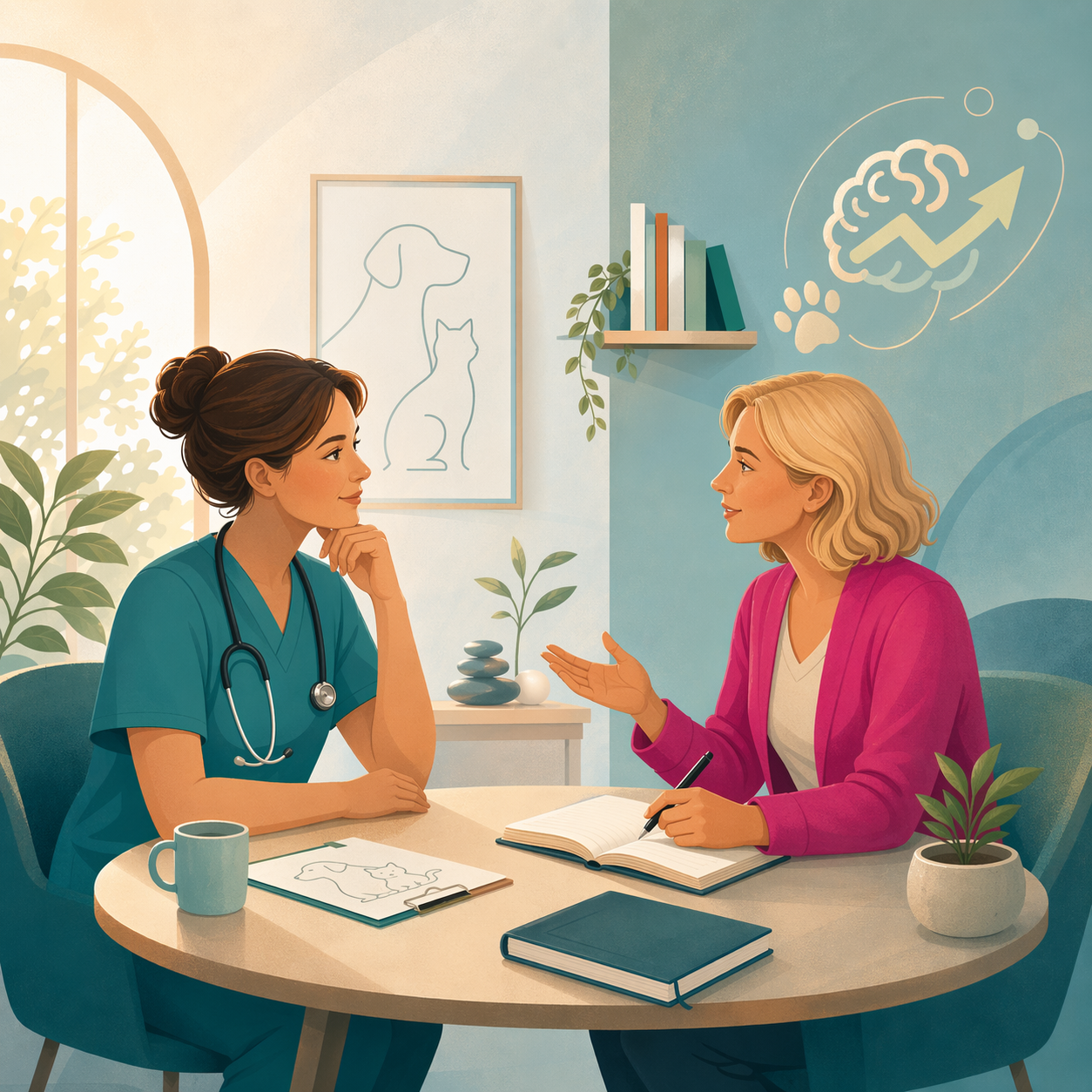 Illustration MindVet représentant un échange de coaching dans l'univers vétérinaire