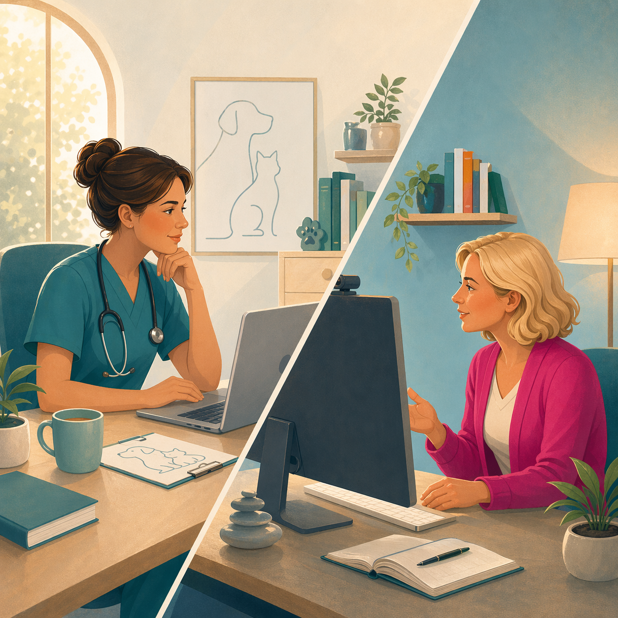 Illustration MindVet montrant un accompagnement à distance entre une vétérinaire praticienne et une coach