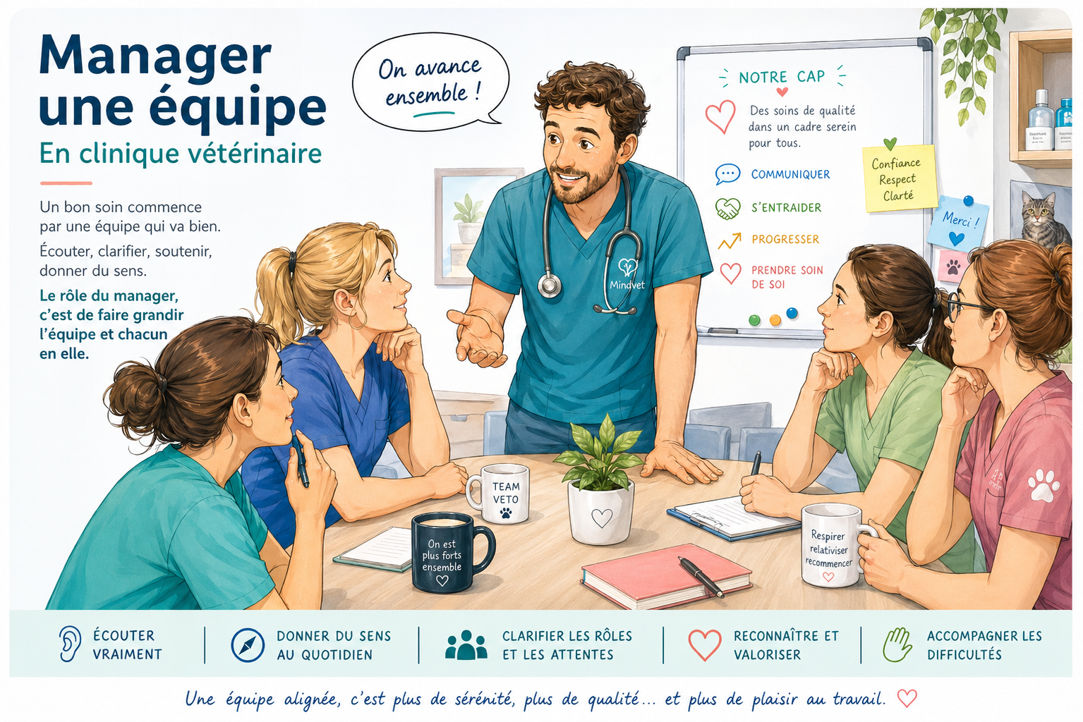 Illustration editoriale sur le management d'equipe en clinique veterinaire